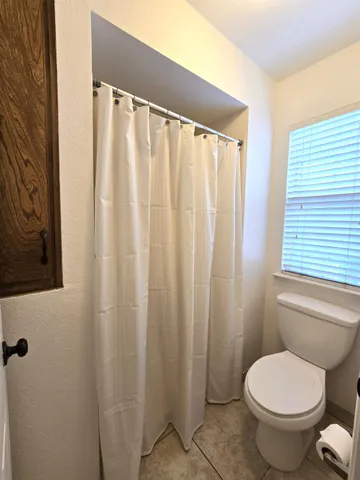 a white toilet sitting next to a shower curtain