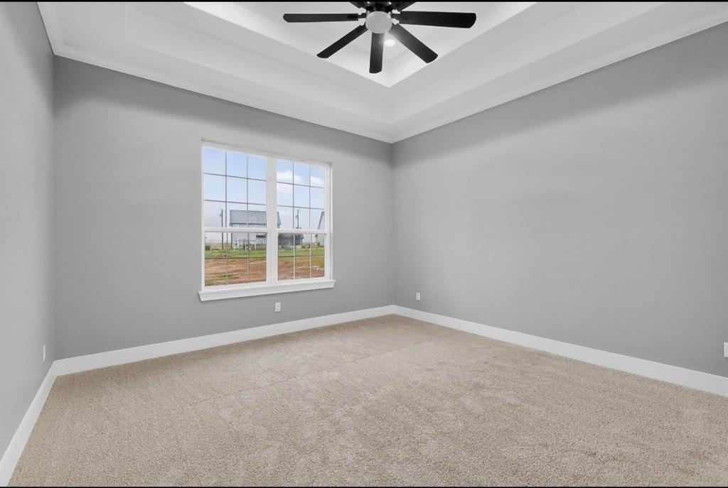 339 Cross Tie Ranch Road Trinidad, TX 75163 - Photo 15 of 29 Spacious room featuring neutral carpeting, light gray walls, a tray ceiling with crown molding, and a ceiling fan