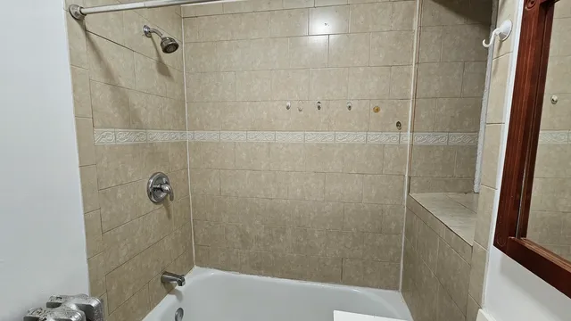 a bathroom with a shower and a toilet