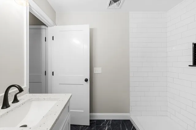 a bathroom with a sink and a shower
