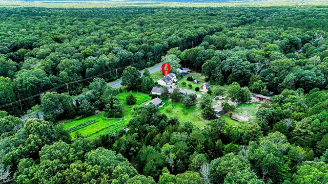 an aerial view of residential house with outdoor space and trees all around