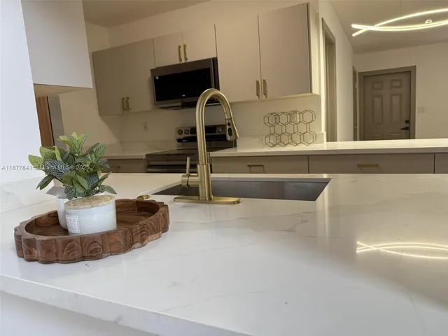 a kitchen with a sink and a potted plant