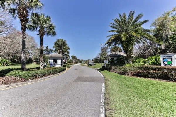 a view of a house with a yard and palm trees