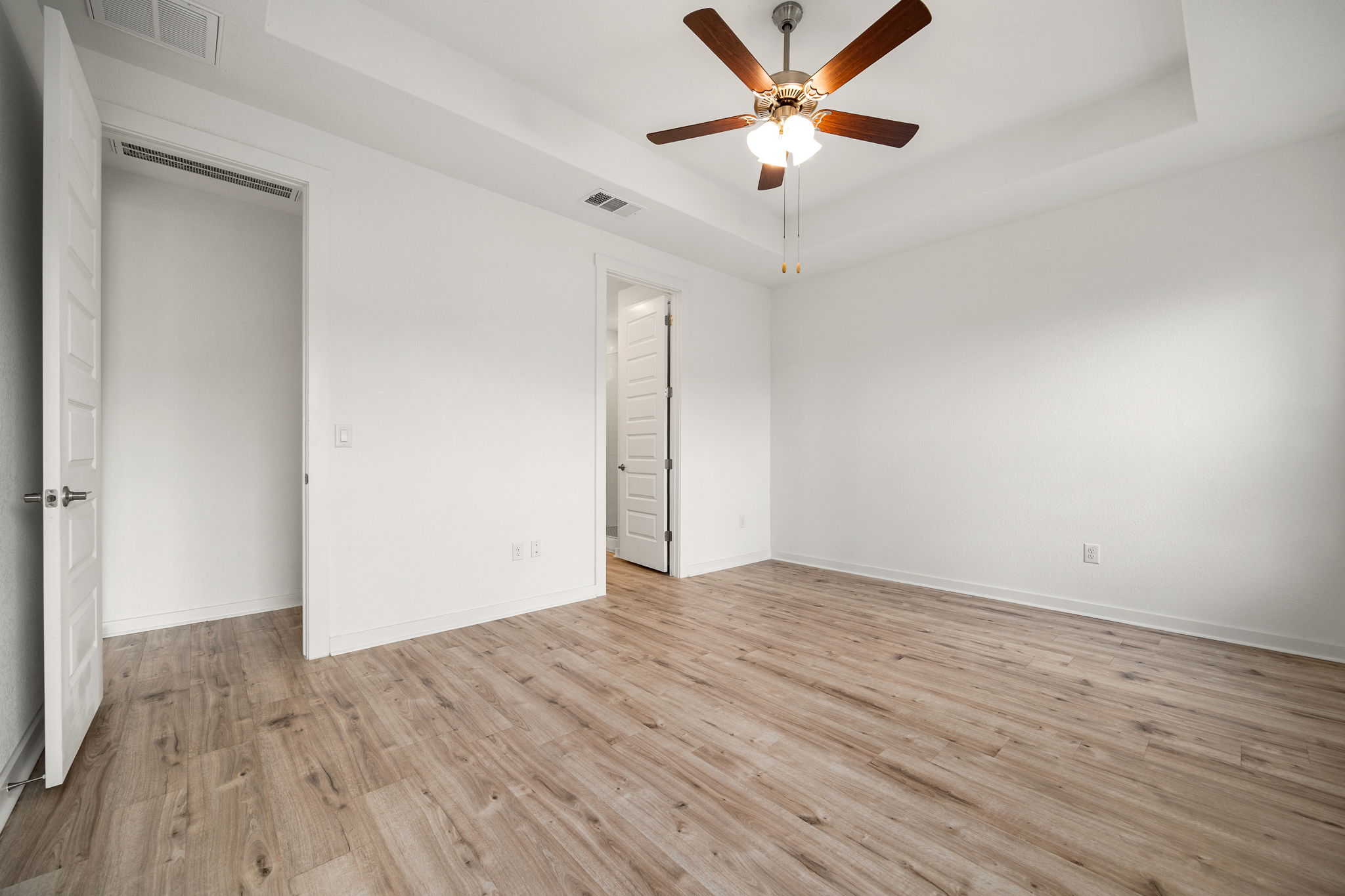 904 Balsora Cove Georgetown, TX 78628 - Photo 20 of 40 Primary bedroom with llight wood-like vynil flooring, a raised ceiling, and a ceiling fan, 8 feet door