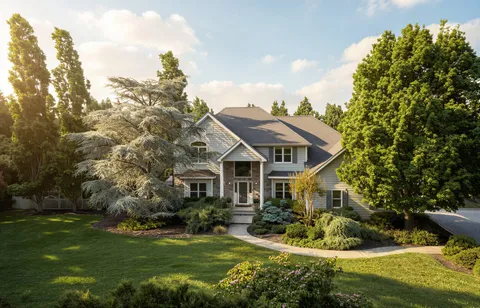 a view of a house with a big yard and potted plants
