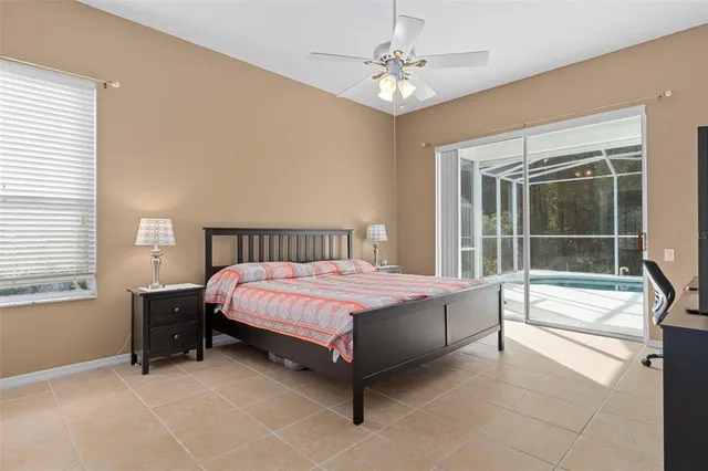 a spacious bedroom with a bed and a large window