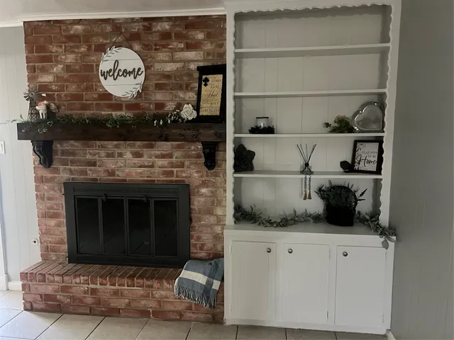 an empty room with a bathroom