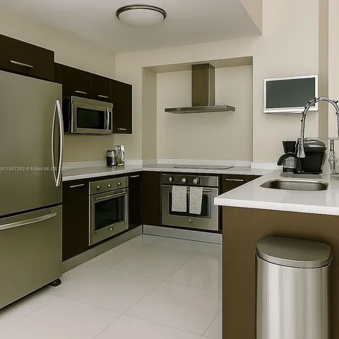 a kitchen with stainless steel appliances a stove a sink and a refrigerator