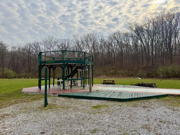 a view of a yard with a slide