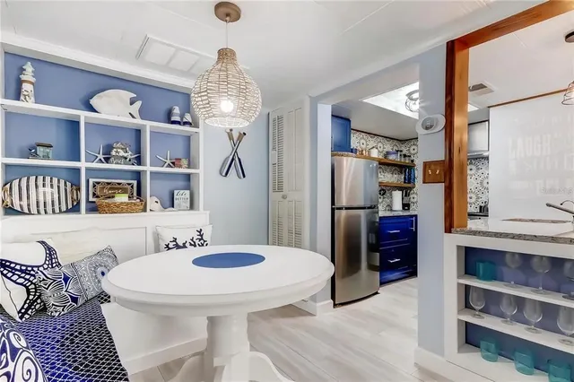 a view of a dining room with furniture
