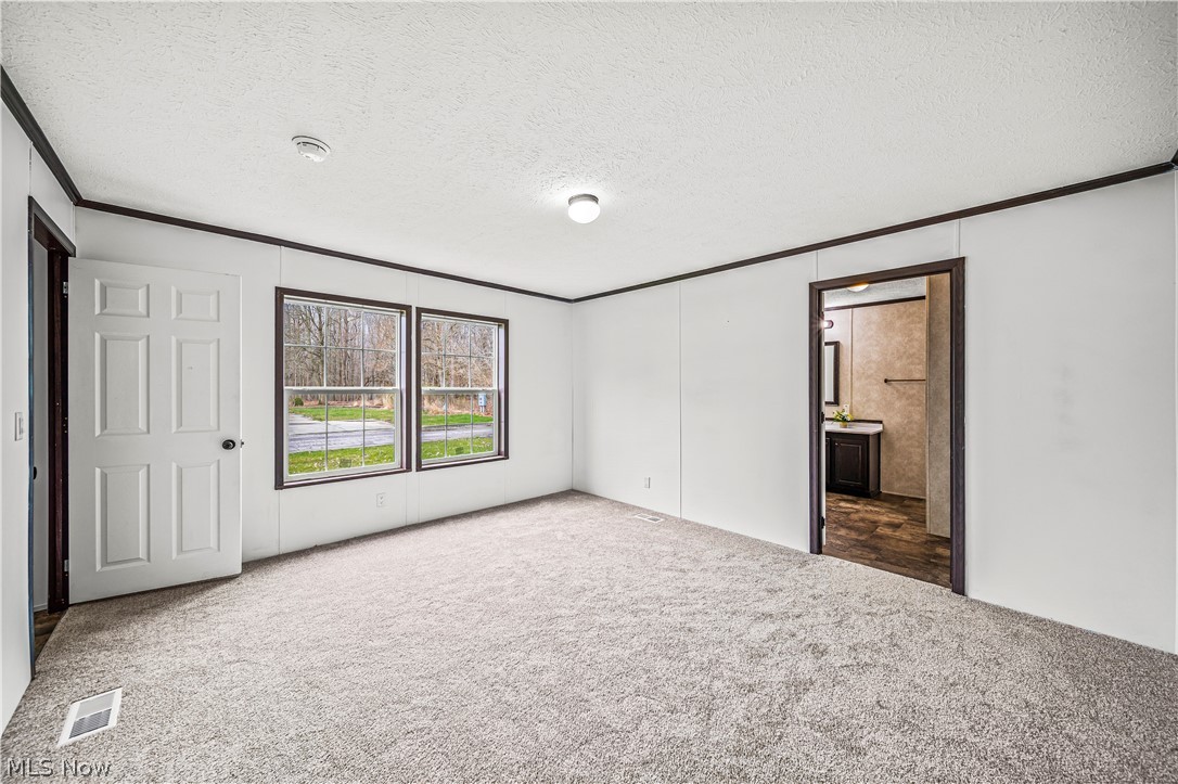 3651 Austin Road, Unit N28 Geneva, OH 44041 - Photo 19 of 30 Empty room with ornamental molding, carpet flooring, and a textured ceiling