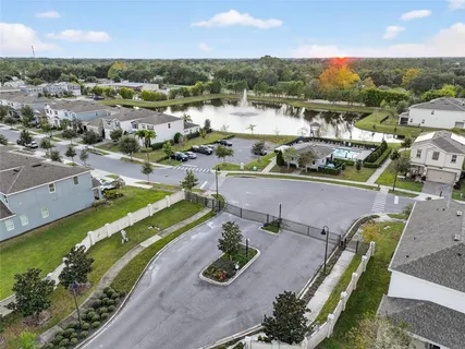 an aerial view of a house with a garden