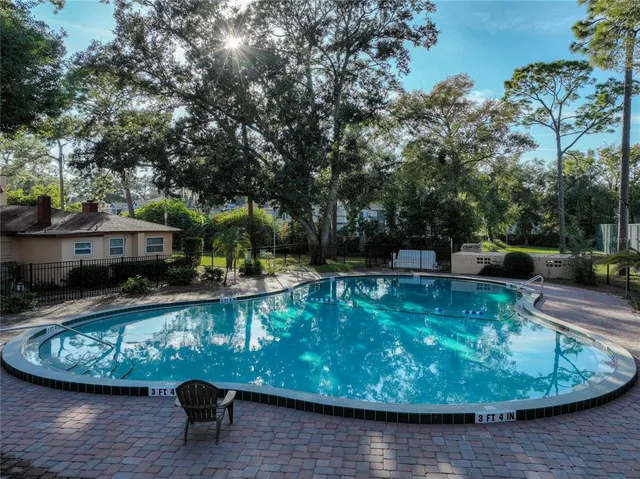 a view of a backyard with swimming pool