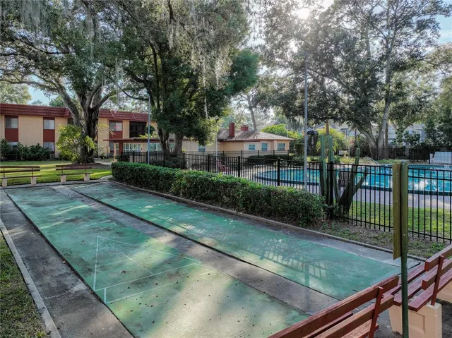 a view of a park and trees