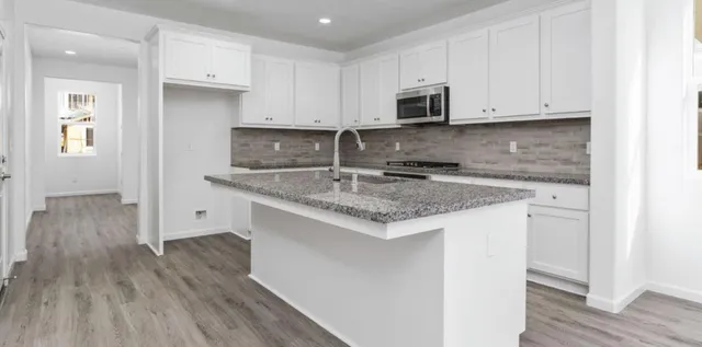 a kitchen with granite countertop a sink dishwasher a stove and a microwave oven with cabinets