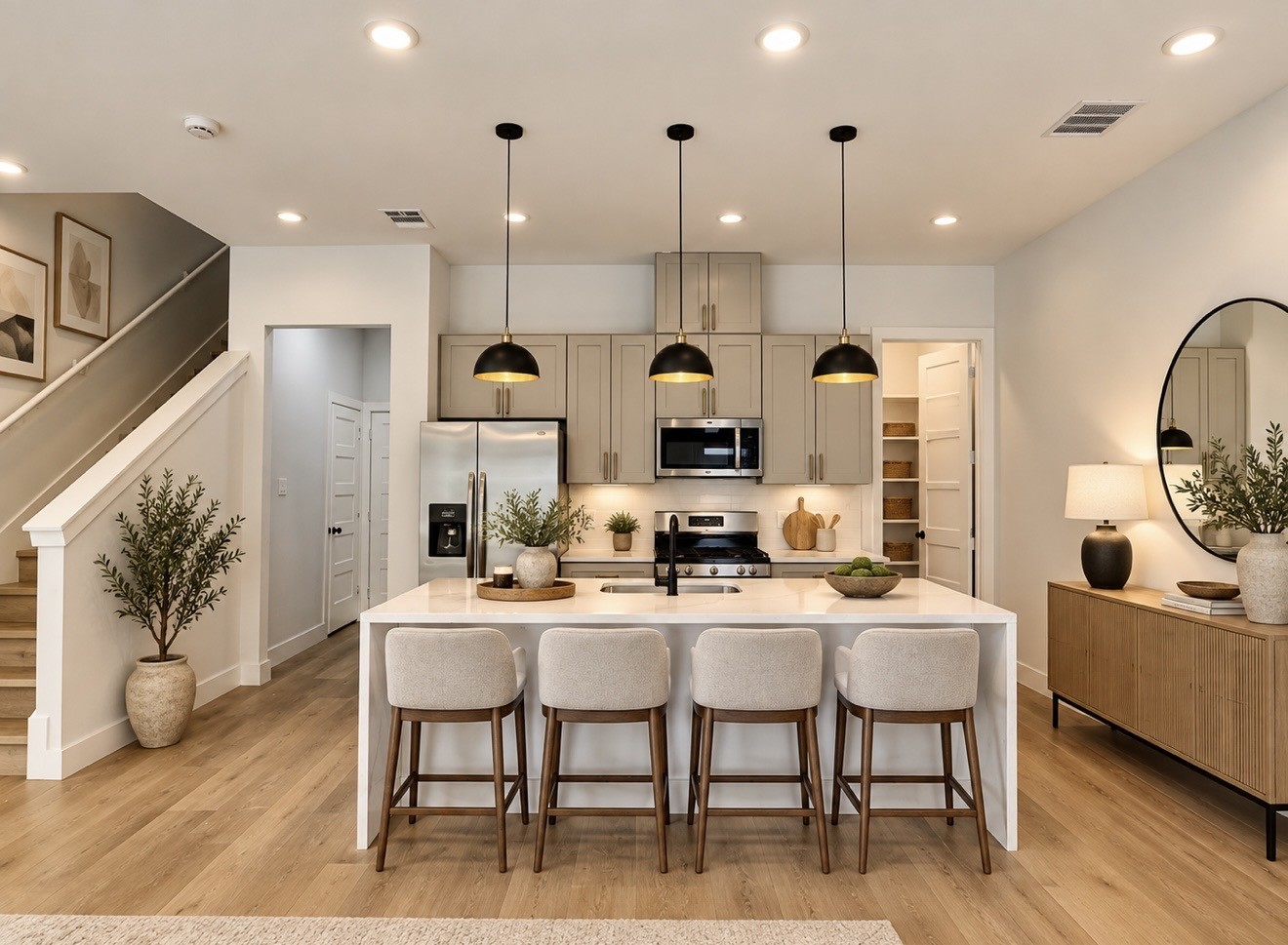 1416 Ivyridge Road Houston, TX 77043 - Photo 4 of 21 Kitchen with waterfall countertop island and walk-in pantry. The stainless refrigerator, dishwasher, gas stove and microwave are included.