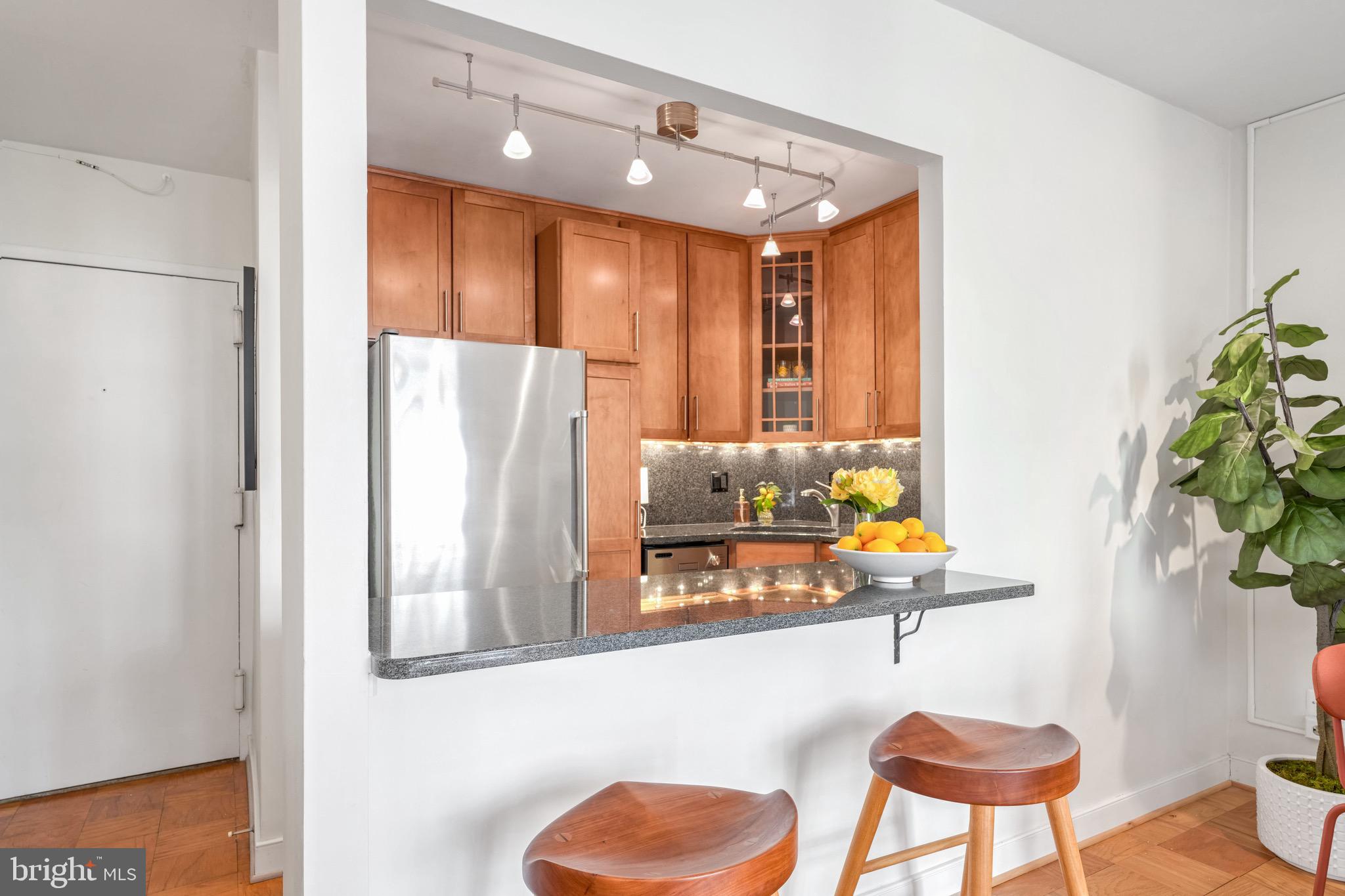 1260 21st Street Northwest, Unit 208 Washington, DC 20036 - Photo 10 of 25 a kitchen with stainless steel appliances kitchen island granite countertop furniture and a potted plant