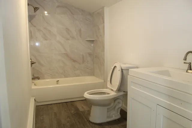 a bathroom with a toilet and a bathtub