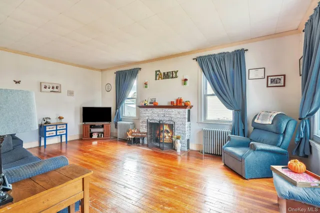 a living room with furniture and a fireplace