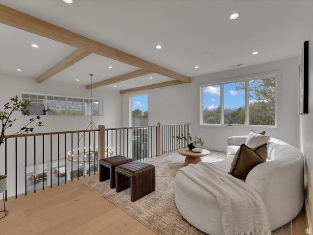 13216 Telemark Lane Draper, UT 84020 - Photo 25 of 41 Sitting room with beam ceiling, light wood-type flooring, and recessed lighting