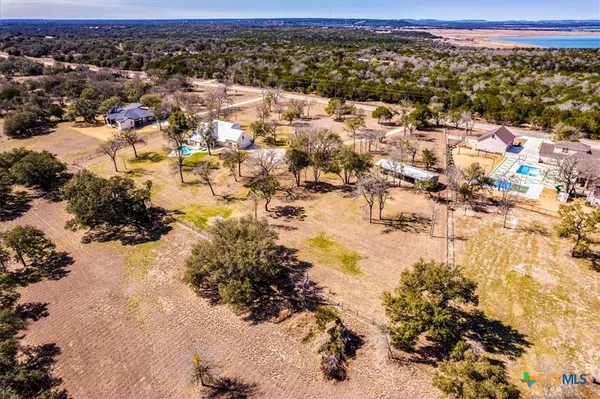 an aerial view of a swimming pool