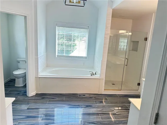 a bathroom with a bathtub and a toilet