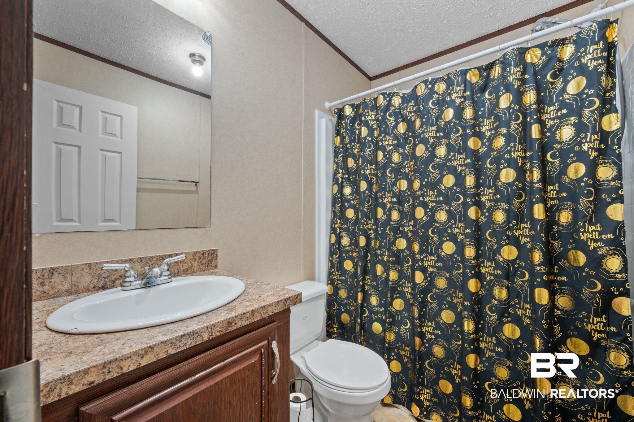 39908 T A Chastang Road Bay Minette, AL 36507 - Photo 15 of 20 Full bath with toilet, ornamental molding, a textured ceiling, and vanity