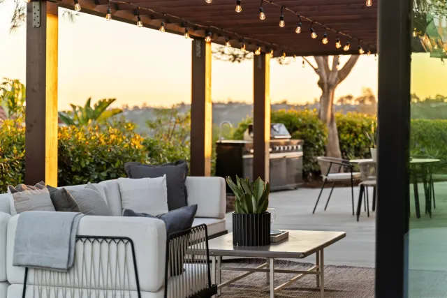 a living room with furniture and a potted plant
