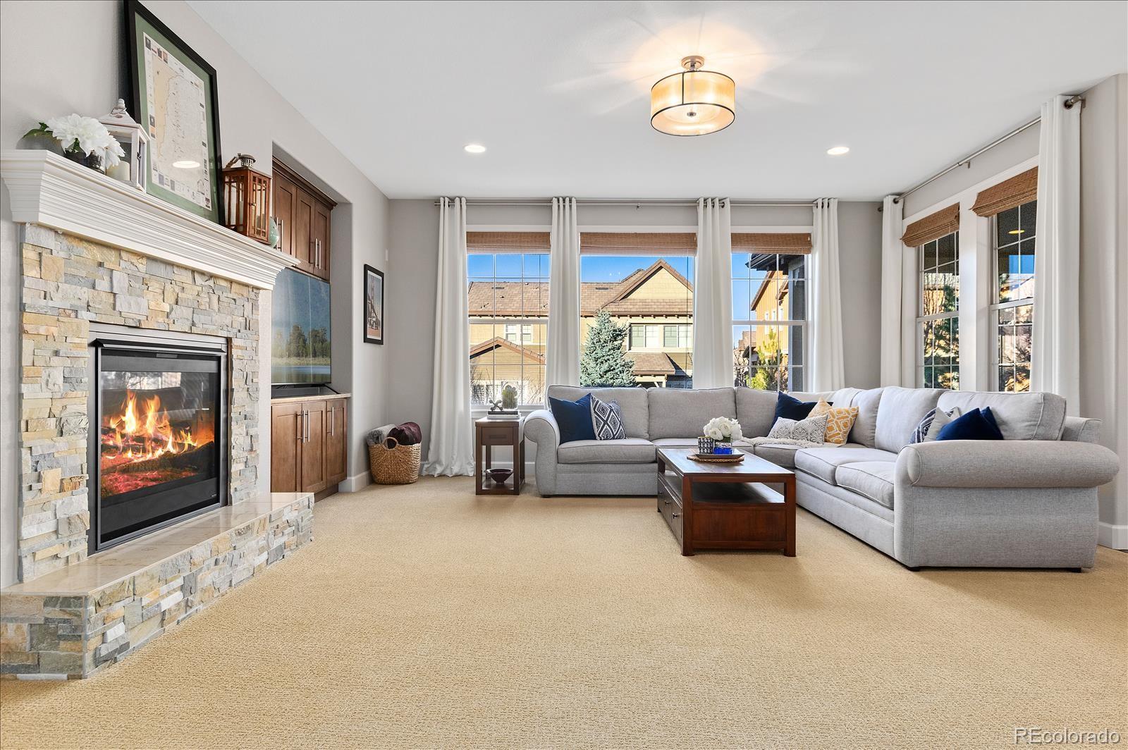 10654 Sundial Rim Road Highlands Ranch, CO 80126 - Photo 4 of 40 a living room with furniture and a fireplace