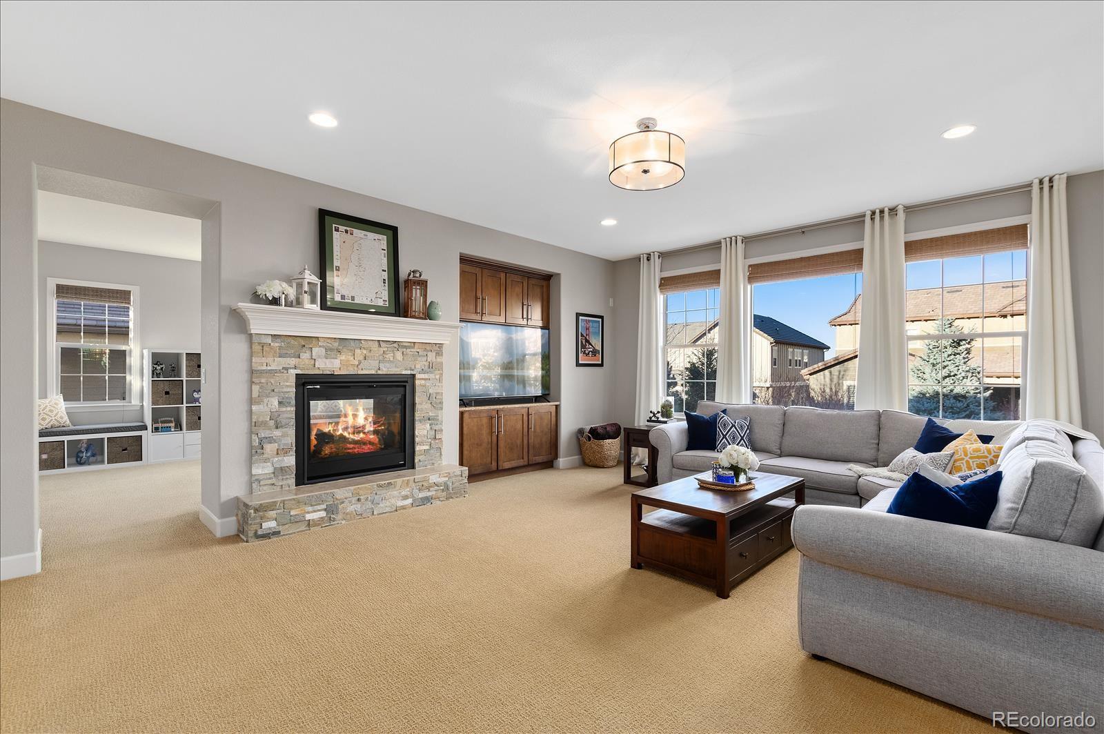 10654 Sundial Rim Road Highlands Ranch, CO 80126 - Photo 6 of 40 a living room with furniture and a fireplace