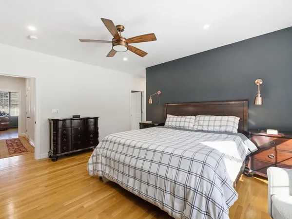 a bedroom with a bed and wooden floor