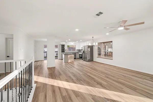 a view of dining room with wooden floor