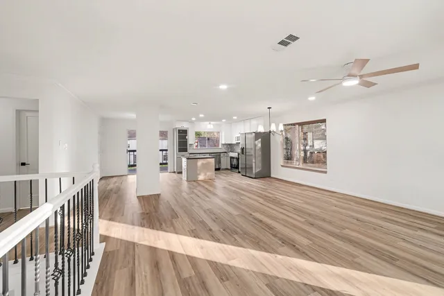 a view of dining room with wooden floor
