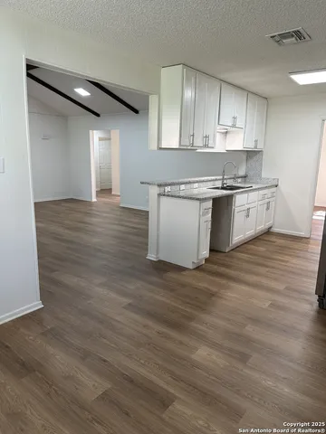 a kitchen with a sink cabinets and wooden floor