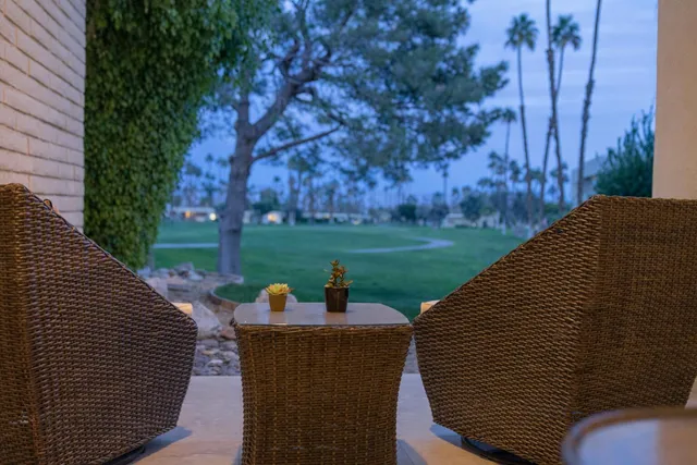 a view of a chairs and backyard with couches