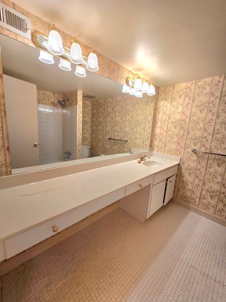 6851 Roswell Road Sandy Springs, GA 30328 - Photo 15 of 19 a bathroom with a double vanity sink and a mirror