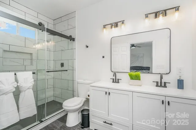 a bathroom with a sink a toilet and shower