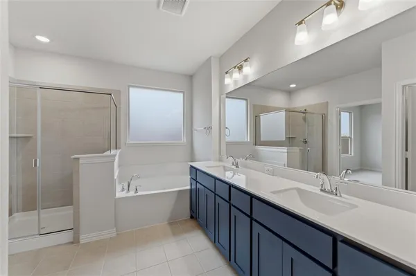 a bathroom with a double vanity sink mirror double and bathtub