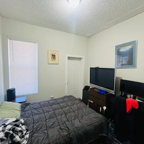 a bedroom with a bed and flat screen tv