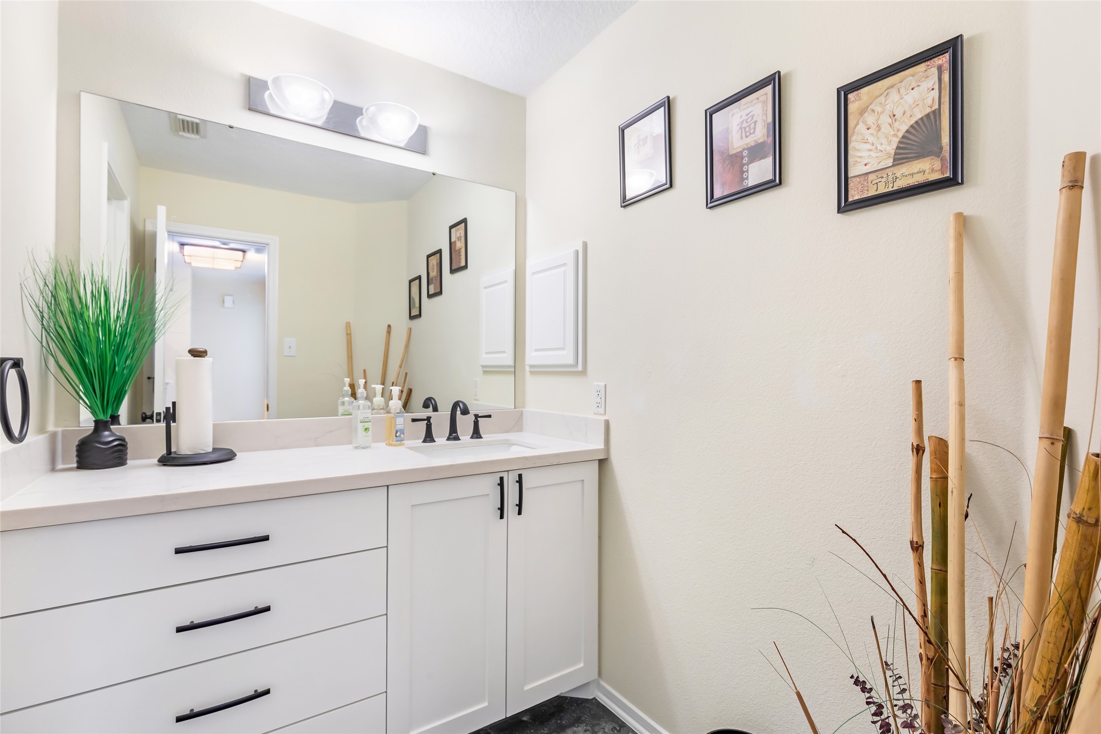 12122 Landsdown Ridge Way Humble, TX 77346 - Photo 24 of 34 a bathroom with a sink a mirror and a potted plant