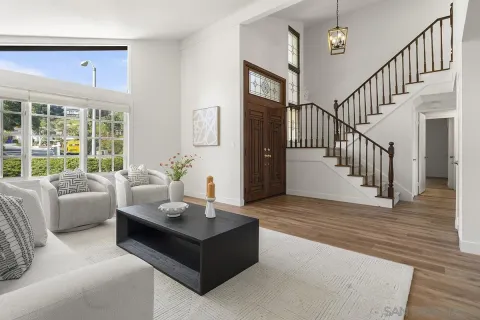 a living room with furniture and a potted plant