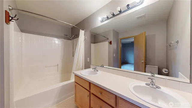 a bathroom with a sink double vanity and a bathtub