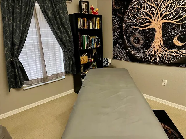 a view of a livingroom with a book shelf