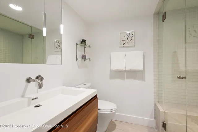 a bathroom with a sink a toilet and shower