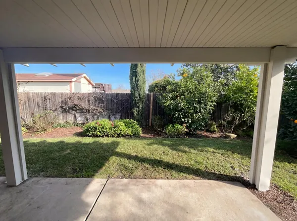 a view of a back yard from a patio