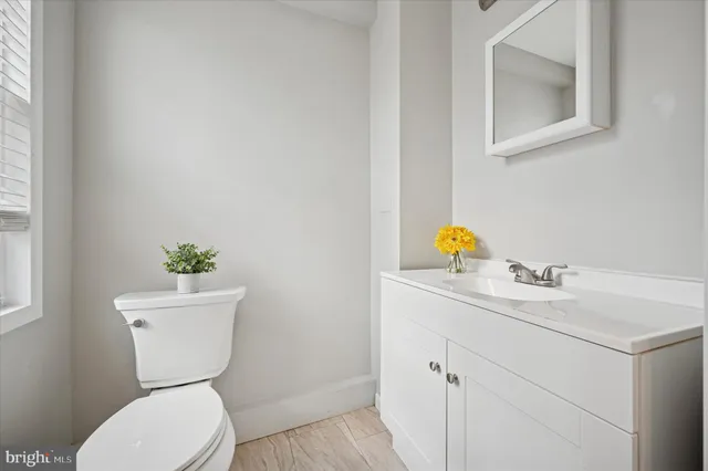 a bathroom with a toilet sink and mirror
