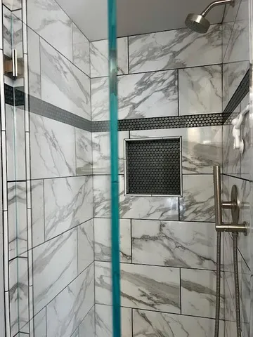 a bathroom with a shower and a glass door shower