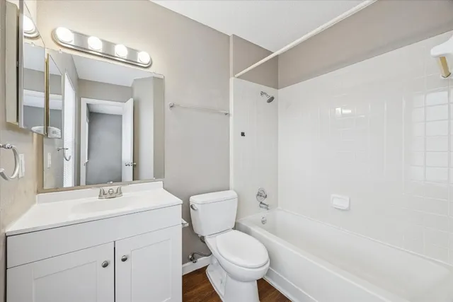 a bathroom with a toilet a sink a mirror a bathtub and vanity
