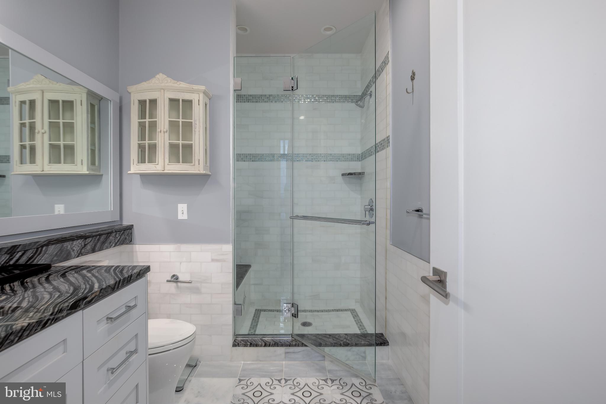525 Water Street Southwest, Unit 403 Washington, DC 20024 - Photo 30 of 35 a bathroom with a granite countertop toilet a sink and a shower