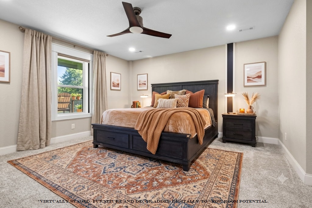 13136 Cedar Grove Road Lead Hill, AR 72644 - Photo 7 of 54 AI Generated.
Recessed lighting, ceiling fan, carpeting, and a window with a permanent shade structure